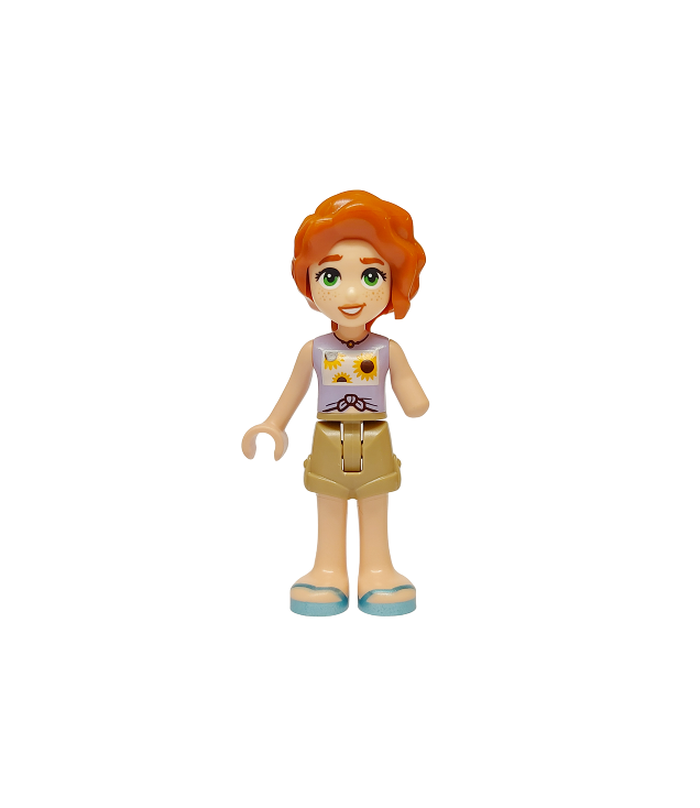 LEGO - Friends Autumn - lavendelkleurig vest met zonnebloemen, donkerbeige short, metallic lichtblauwe sandalen - | N