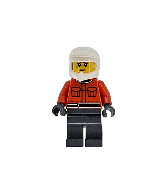 LEGO - Formule 1-pitcrew - vrouw, rood-oranje racepak met zakken, donkergrijze benen, witte helm, sproeten en grijns - | N