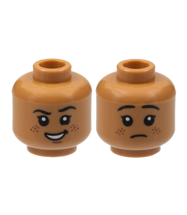LEGO - Minifiguur-hoofd dubbelzijdig, zwarte wenkbrauwen, witte pupillen, open mond glimlach met grijns, roodbruine sproeten / verdrietig patroon - holle nop - Medium Nougat | N