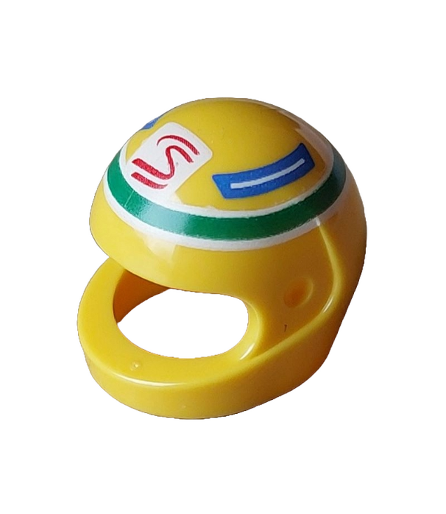 LEGO - Minifiguur-motorhelm (standaard) met rood-wit Senna-logo en blauwe panelen in groene cirkel - Yellow | N