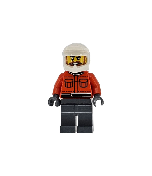 LEGO - Formule 1-pitcrew - man, rood-oranje racepak met zakken, donkergrijze benen, witte helm, donkeroranje baard en snor - | N
