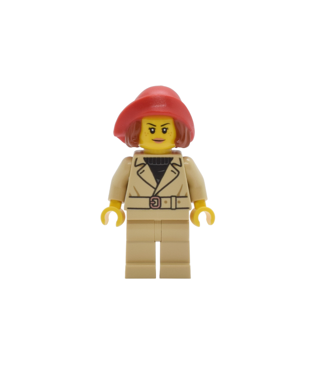 LEGO - Tudor-huis gast (culinair recensent) - beige jas en benen, rode hoed met haar, zachte gevouwen rand - | N
