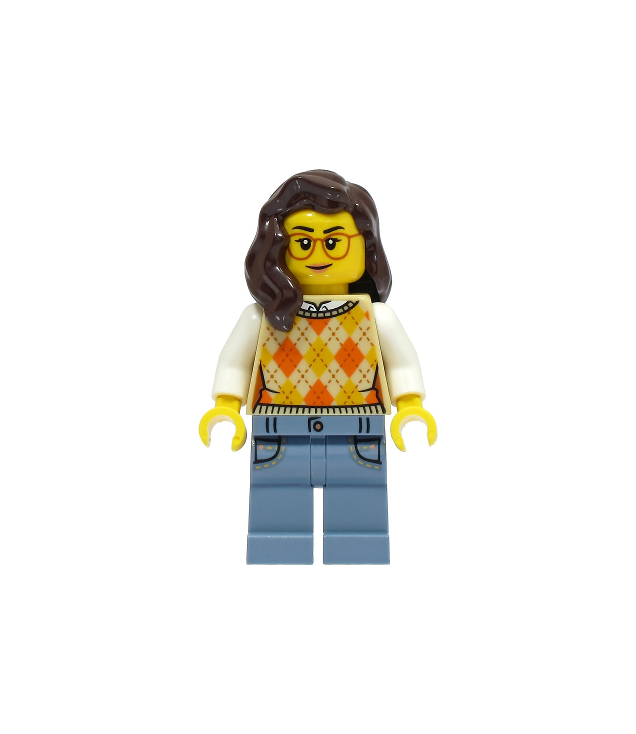 LEGO - Passagier - vrouw, beige geruit gebreid vest, zandblauwe benen met zakken, donkerbruin haar, bril - | N