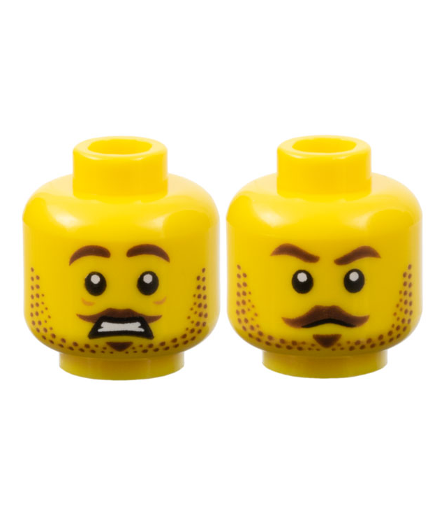 LEGO - Minifiguur-hoofd dubbelzijdig man, donkerbruine wenkbrauwen, snor, sikje en stoppels, bezorgde open mond met tanden / streng patroon - holle nop - Yellow | N