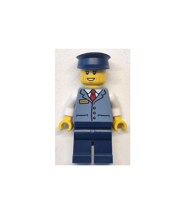 LEGO - Buschauffeur - man, zandblauw vest over wit shirt, donkerblauwe benen en pet - | N