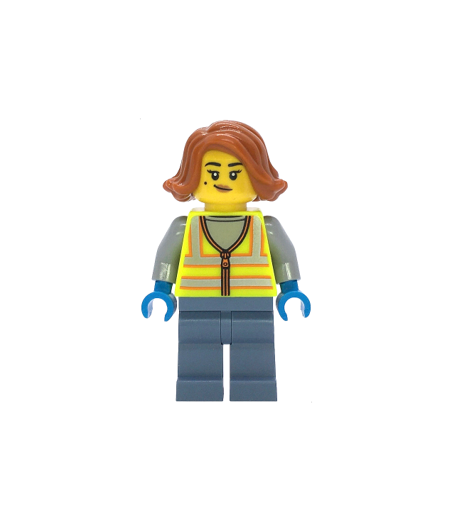 LEGO - Schroothofmedewerkster - vrouw, neongeel veiligheidsvest met reflecterende strepen, zandblauwe benen, donkeroranje haar, schoonheidsvlek - | N