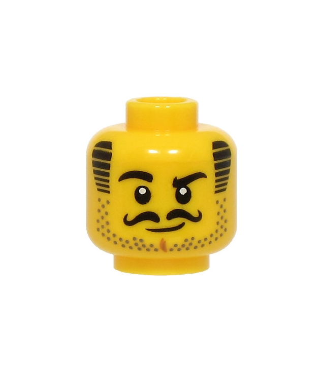 LEGO - Minifiguur-hoofd met zwarte wenkbrauwen, gekrulde snor, gestreepte bakkebaarden, donkerbeige stoppels, nougat kin­kuiltje en grijns - geventileerde nop - Yellow | N
