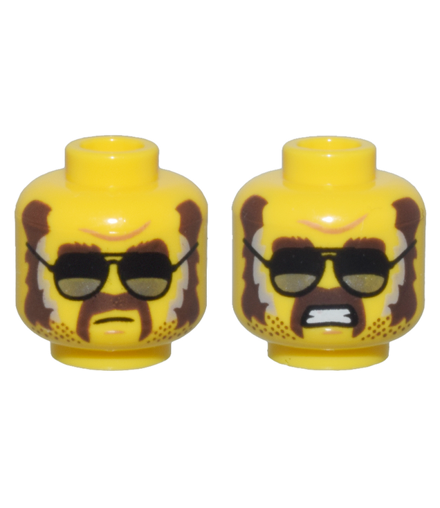 LEGO - Minifiguur-hoofd dubbelzijdig met donkerbruine wenkbrauwen, bakkebaarden, snor en stoppels, zwart-zilveren bril, gesloten mond / boze open mond - geventileerde nop - Yellow | N