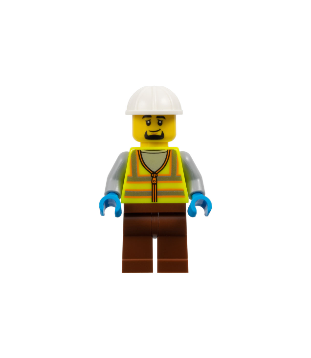 LEGO - Havenarbeider - man, neongeel reflecterend vest, roodbruine benen, witte bouwhelm, sik - | N