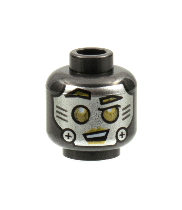 LEGO - Minifiguur-hoofd, buitenaardse robot met zilveren gezicht, schroeven op wangen en gouden ogen, wenkbrauwen en lippen - holle nop - Pearl Dark Gray | N