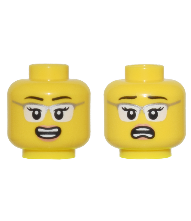 LEGO - Minifiguur-hoofd dubbelzijdig vrouw, zwarte wenkbrauwen, bril met zilveren montuur en witte lenzen, open mond glimlach / geschrokken patroon - geventileerde nop - Yellow | N