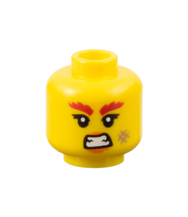 LEGO - Minifiguur-hoofd vrouw, rode borstelige wenkbrauwen, oranje lippen, donkerbeige kras en ontblote tanden - geventileerde nop - Yellow | N