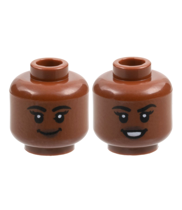 LEGO - Minifiguur-hoofd dubbelzijdig vrouw, zwarte wenkbrauwen, donkerbruine lippen, grijns / open mond glimlach - holle nop - Reddish Brown | N