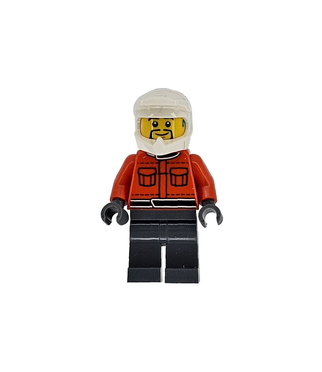 LEGO - Formule 1-pitcrew - man, rood-oranje racepak met zakken, donkergrijze benen, witte helm, dunne zwarte sik, donker-turquoise gehoorapparaat - | N