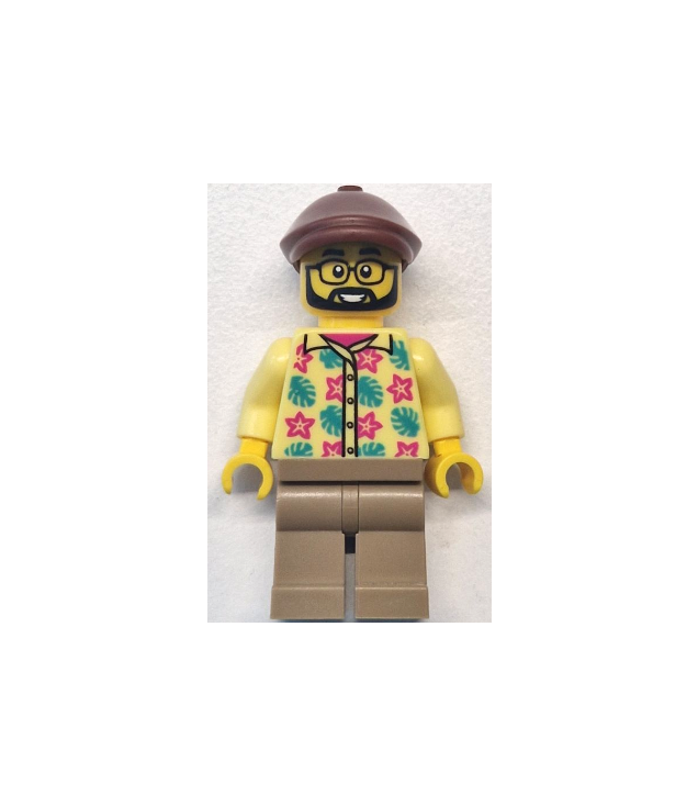 LEGO - Buspassagier - man, lichtgeel shirt met bloemen en bladeren, donkerbeige benen, roodbruine platte pet - | N