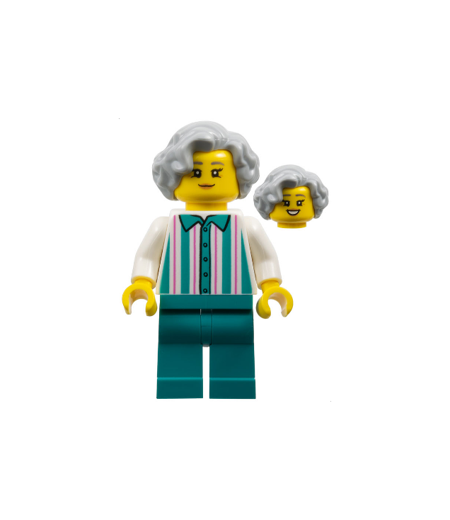 LEGO - Havenwinkel-medewerkster - vrouw, lichtgrijs haar, wit gestreept shirt, donker-turquoise benen - | N