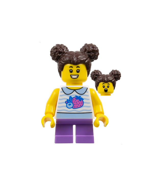 LEGO - Kind - meisje, wit overhemd met kraag en fruit, lavendelkleurige korte benen, donkerbruin haar in knotjes - | N