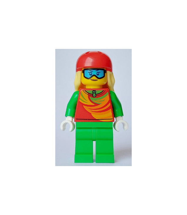 LEGO - Skiester - vrouw, rode top, felgroene benen, rode sporthelm, lichtgeel lang haar, skibril - | N