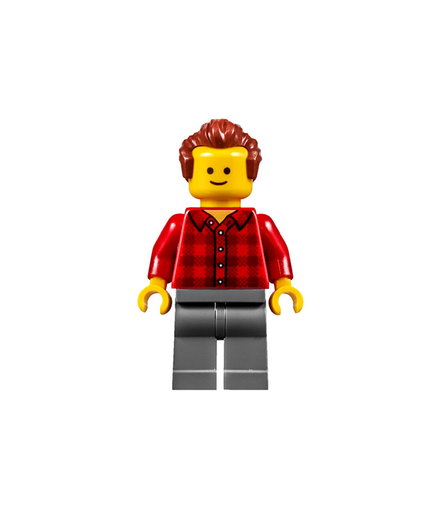 LEGO - Muziekwinkelmedewerker - man, rood geruit flanellen overhemd, donkergrijze benen, roodbruin haar - | N
