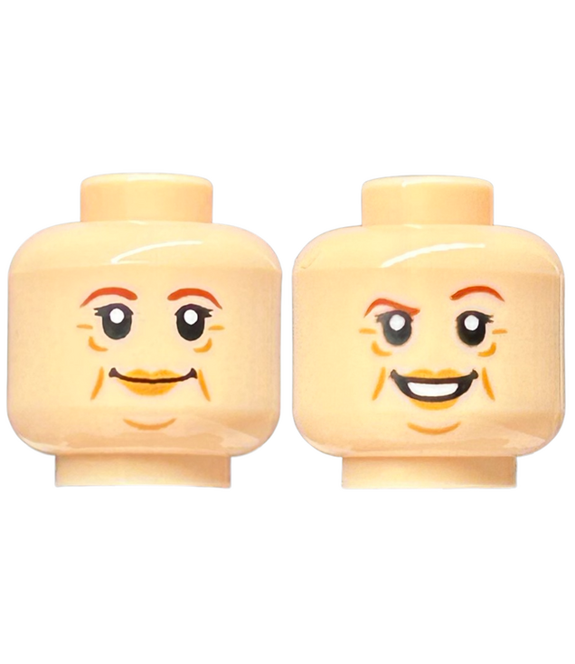 LEGO - Minifiguur-hoofd dubbelzijdig vrouw, roodbruine wenkbrauwen, middel-nougat lippen, rimpels, grijns / glimlach met opgetrokken wenkbrauw - holle nop - Light Nougat | N