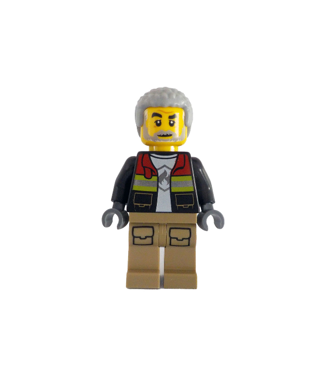 LEGO - Brandweer - man, zwarte open jas met reflecterende strepen en rode kraag, donkerbeige benen, lichtgrijs krullend haar - | N