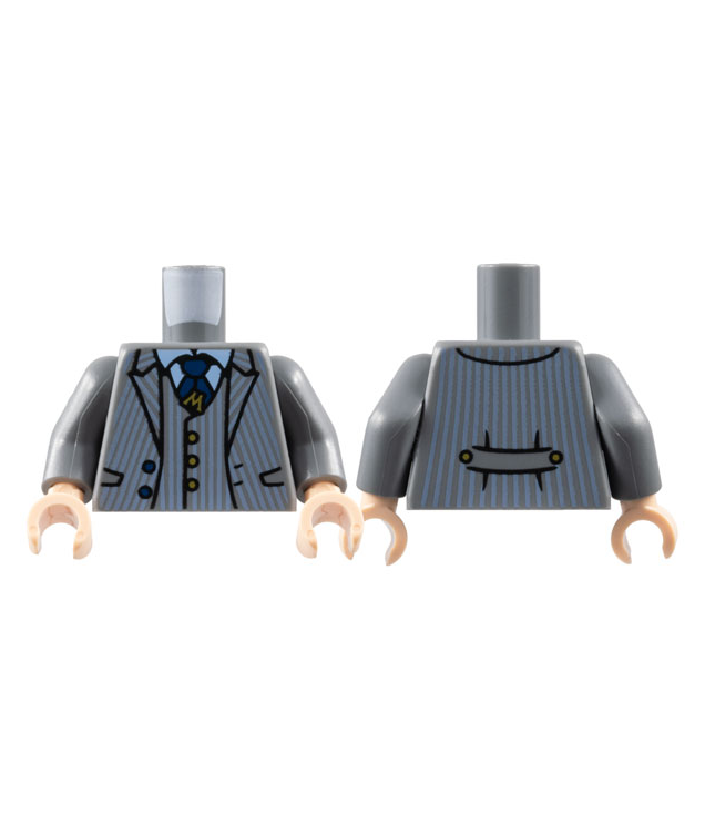 LEGO - Torso jasje en vest met zandblauwe krijtstrepen, donkerblauwe stropdas, gouden letter M en knopen / donkergrijze armen / licht-nougat handen - Dark Bluish Gray | N