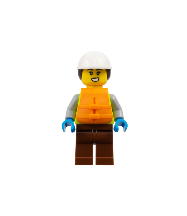 LEGO - Havenarbeidster - vrouw, neongeel veiligheidsvest, roodbruine benen, witte bouwhelm met donkerbruin paardenstaart, oranje reddingsvest - | N