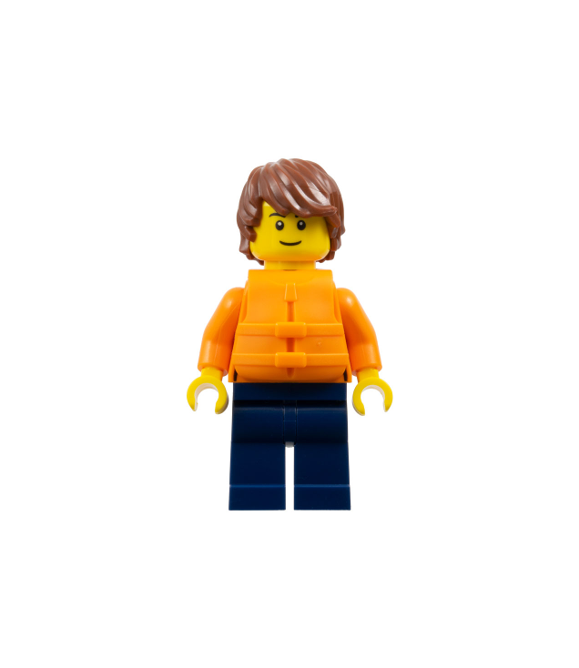 LEGO - Man - roodbruin haar, oranje jas en reddingsvest, donkerblauwe benen - | N