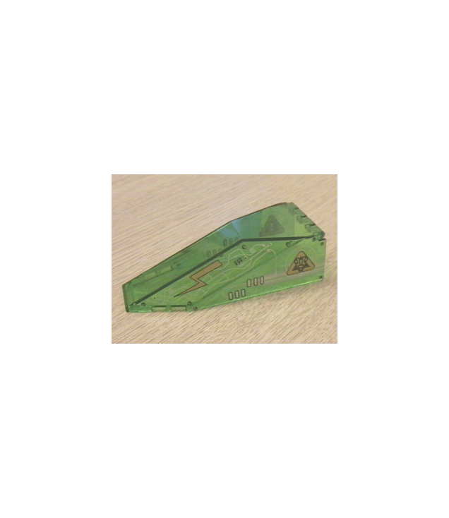 LEGO - Voorruit 10 x 4 x 2 1/3 kap met Insectoids zilver/koper circuitpatroon (Vintage jaren ’90 onderdeel) - Trans-Green | N