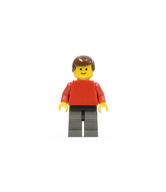 LEGO - Effen rood torso met rode armen, donkergrijze benen, bruin mannelijk haar (Vintage jaren 2000 onderdeel) - | N