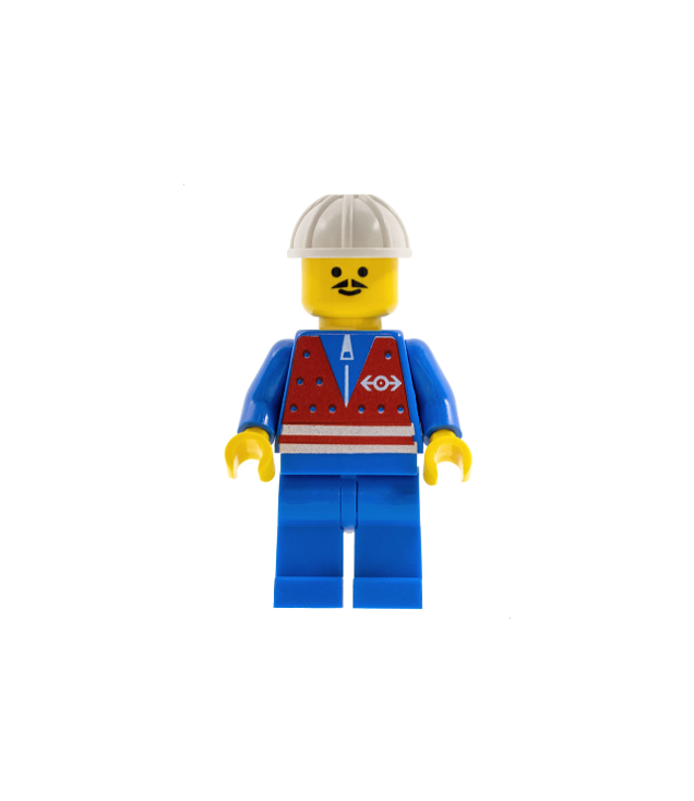 LEGO - Rood vest met rits – blauwe benen, witte bouwhelm, snor (Vintage jaren ’90 onderdeel) - | N