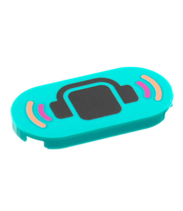 LEGO - Tegel, rond 2 x 4 ovaal met zwart hoofd met koptelefoon en magenta- en koraalkleurige geluidsgolven-patroon - Dark Turquoise | N
