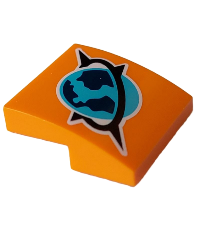 LEGO - Helling, gebogen 2 x 2 x 2/3 met middelblauw, donkerblauw en zwart Arctic Explorer-logo met witte rand-patroon - Orange | N