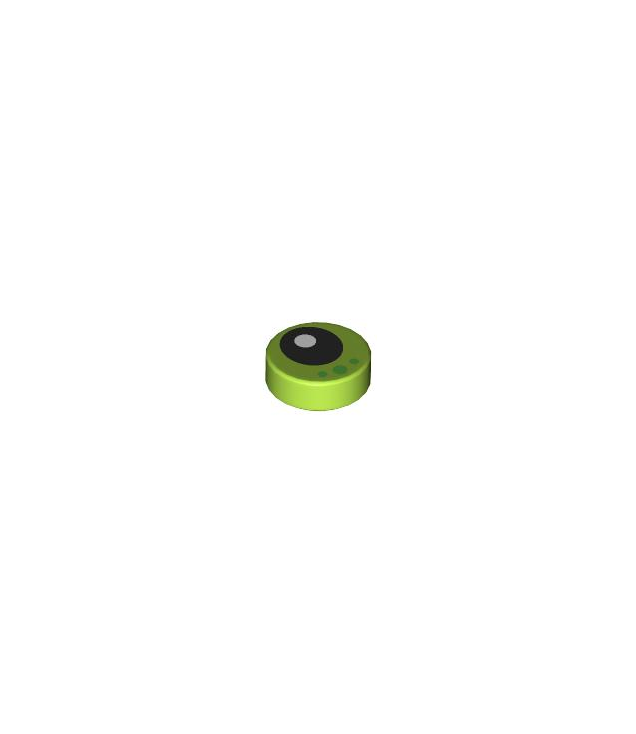 LEGO - Tegel, rond 1 x 1 met zwart oog met witte pupil en 3 felgroene stippen-patroon - Lime | N