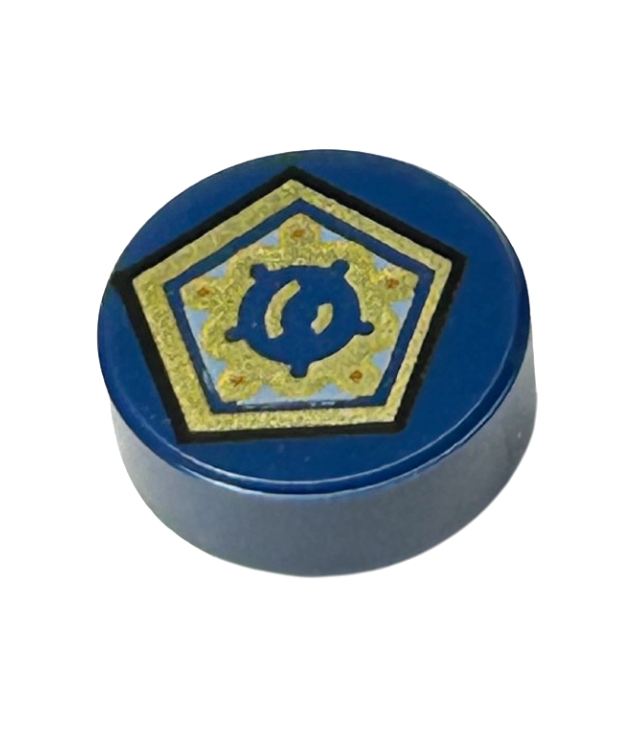  - Ronde tegel 1 x 1 met gouden pentagon en vormenpatroon (HP Chocoladekikkerkaart) - Dark Blue | N