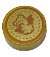  - Ronde tegel 1 x 1 met donkeroranje draak en gestippelde cirkel op gouden achtergrond (HP Toverlingengalleon) - Pearl Gold | N - Thumbnail