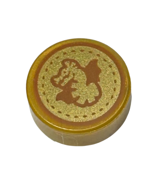  - Ronde tegel 1 x 1 met donkeroranje draak en gestippelde cirkel op gouden achtergrond (HP Toverlingengalleon) - Pearl Gold | N