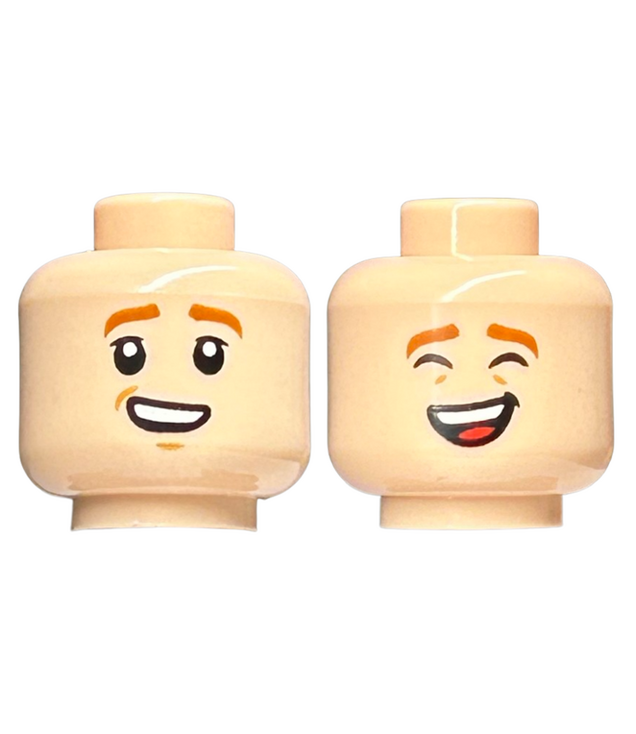  - Minifiguurhoofd, dubbelzijdig kind met donkeroranje wenkbrauwen, scheve glimlach met tanden / lachend met gesloten ogen - Light Nougat | N