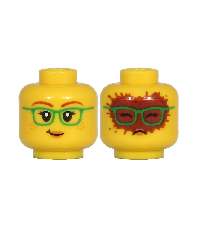  - Minifiguurhoofd, dubbelzijdig vrouwelijk, donkerrode wenkbrauwen, groene bril, perzikkleurige lippen, sproeten, scheve grijns / bedekt met cacaopatronen - Yellow | N