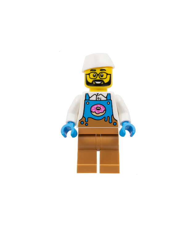  - Donuttruck-verkoper – man, donkerazuur en medium nougat schort met donut op wit shirt, medium nougat benen, witte bakkerspet, bril en baard - (Not Applicable) | N