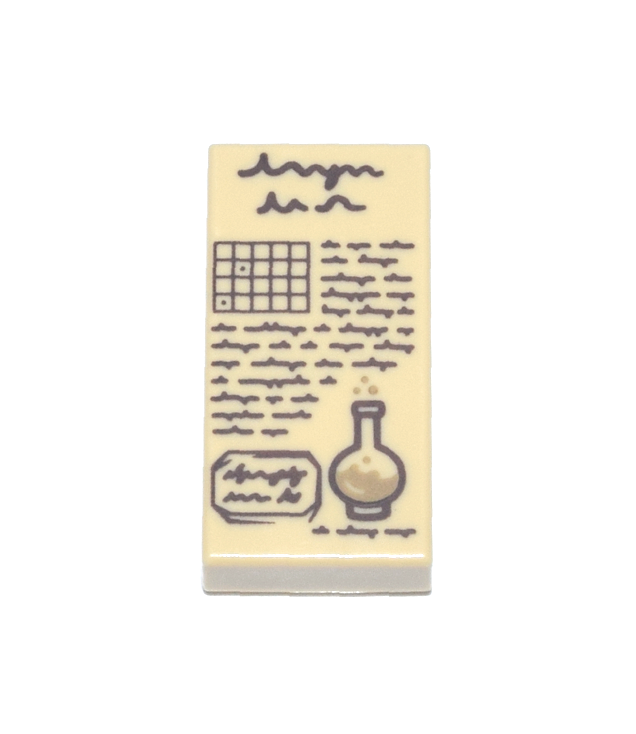  - Tegel 1 x 2 met donkerbruine krabbels, raster en fles met donkerbruine vloeistof - Tan | N