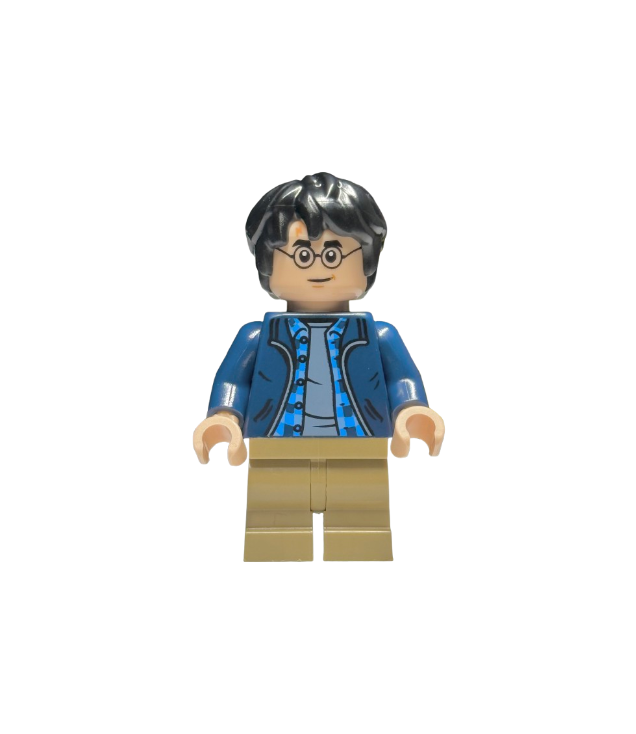  - Harry Potter – donkerblauw open jasje over geruit overhemd met kraag en zandblauw shirt, donkerbruine middelgrote benen - (Not Applicable) | N