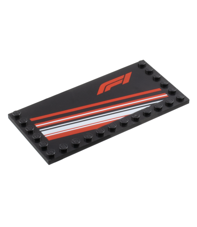 LEGO - Tegel, gemodificeerd 6 x 12 met noppen aan randen met Formula 1-logo 'F1' en rood-wit diagonale strepen-patroon - Black | N