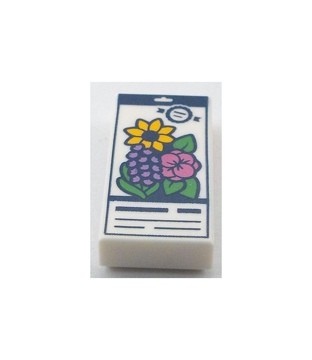  - Tegel 1 x 2 met zaadzakje, donkerblauwe lijnen en bloemen in lichtoranje, donkerroze en lavendel met felgroene bladeren - White | N