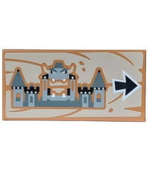 - Tegel 2 x 4 met zwart, grijs en wit Bowser-kasteel en pijl op houtnerf achtergrond - Medium Nougat | N - Thumbnail