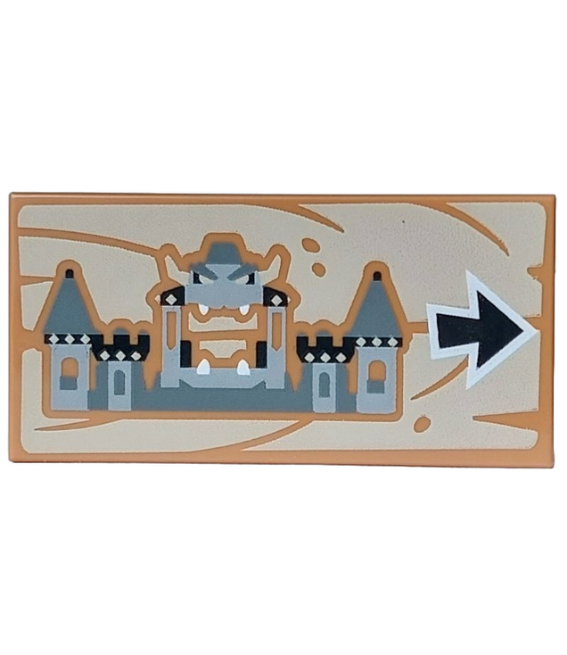  - Tegel 2 x 4 met zwart, grijs en wit Bowser-kasteel en pijl op houtnerf achtergrond - Medium Nougat | N