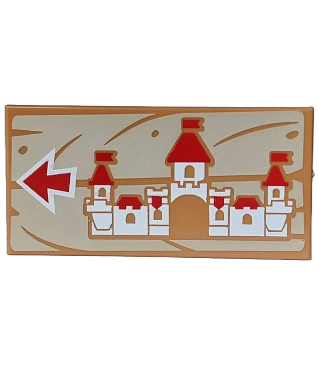  - Tegel 2 x 4 met rood en wit Peach-kasteel en pijl op houtnerf achtergrond - Medium Nougat | N
