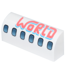  - Gebogen helling 1 x 4 x 1 1/3 met zilverblauwe vliegtuigramen en ‘WORLD’-opdruk in koraal en azuur - White | N - Thumbnail