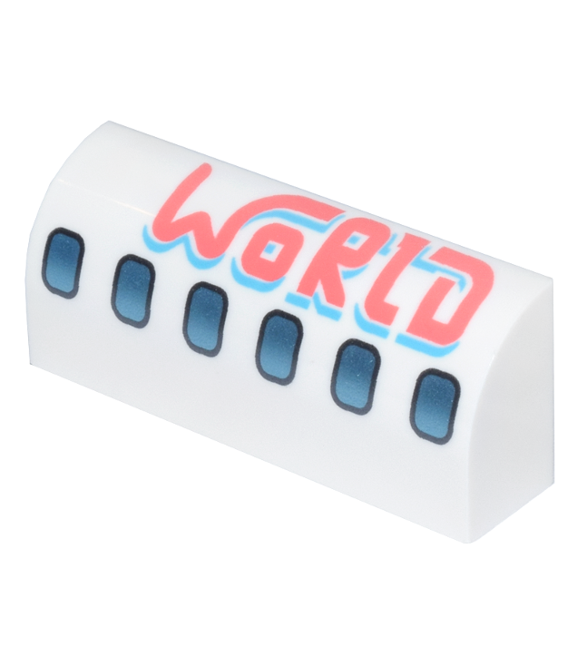  - Gebogen helling 1 x 4 x 1 1/3 met zilverblauwe vliegtuigramen en ‘WORLD’-opdruk in koraal en azuur - White | N