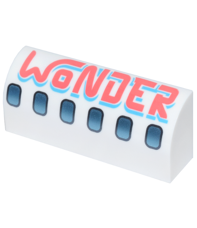  - Gebogen helling 1 x 4 x 1 1/3 met zilverblauwe vliegtuigramen en ‘WONDER’-opdruk in koraal en azuur - White | N